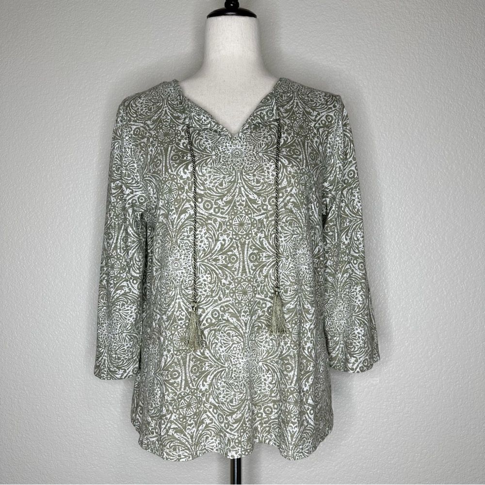 Chico’s Green Boho White Ethnic Print Tasseled 3/4 Sleeves Top